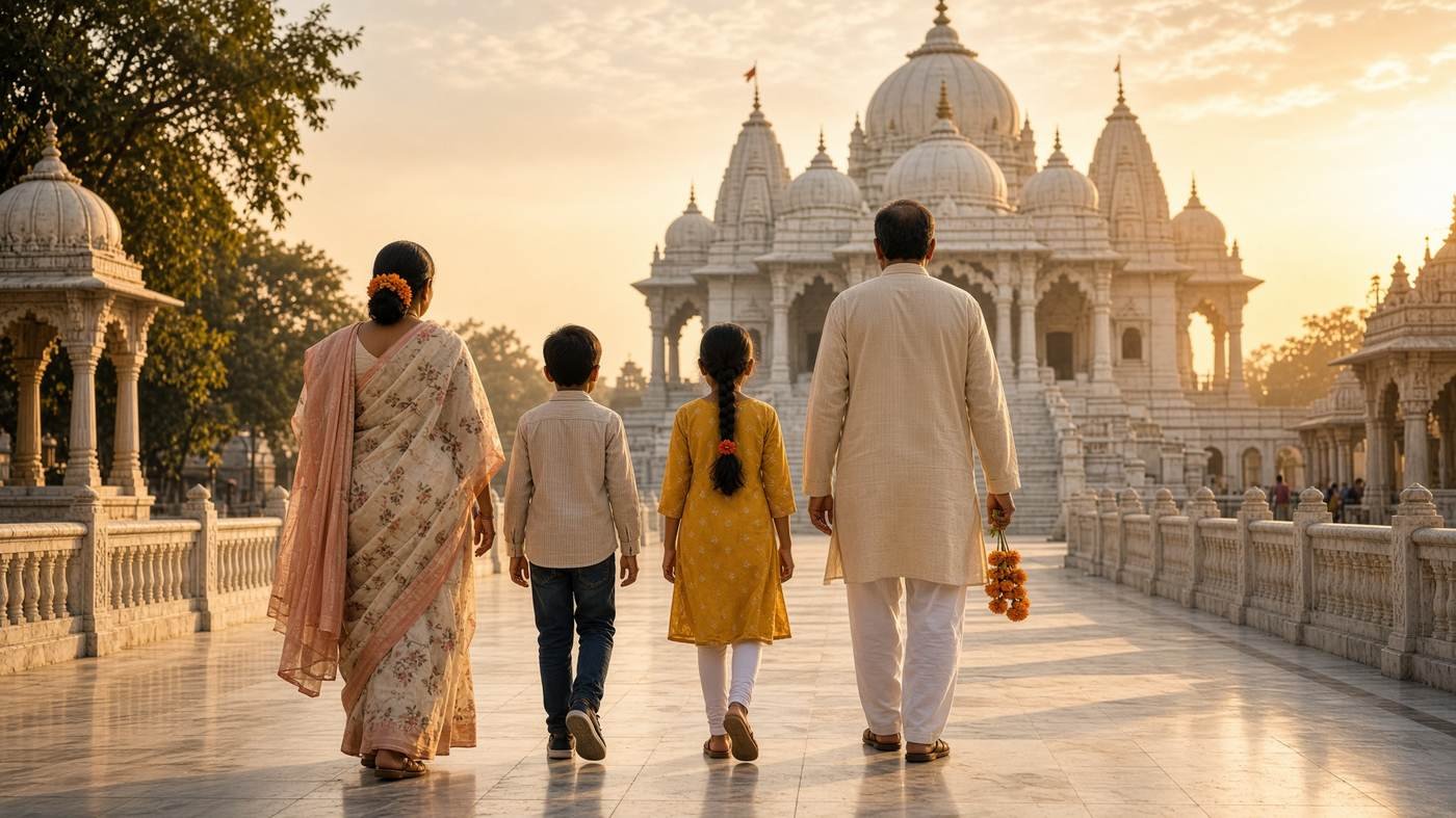 Family walking toward a temple
