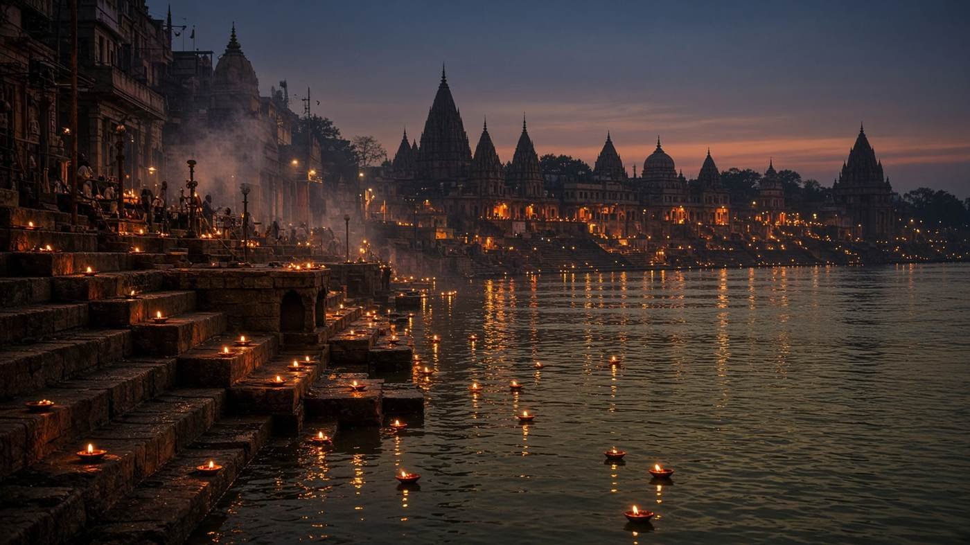 Evening lamps along the Yamuna at Vishram Ghat