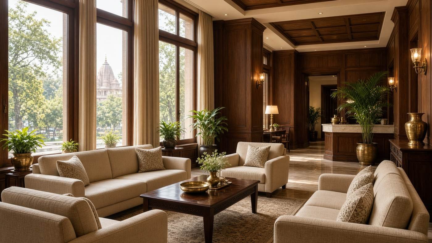 A calm boutique hotel lobby in Mathura