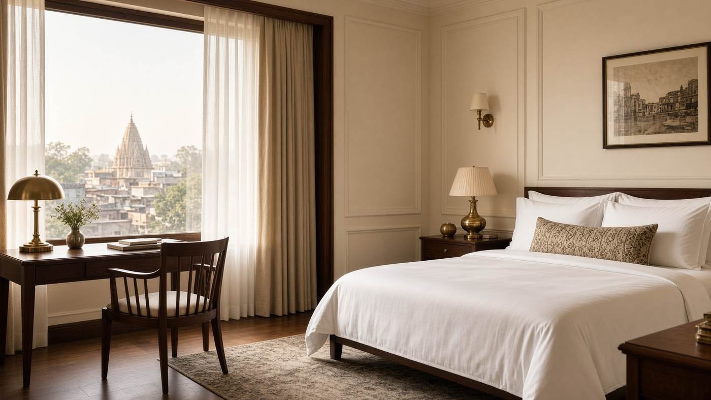 A warm, quietly furnished hotel room