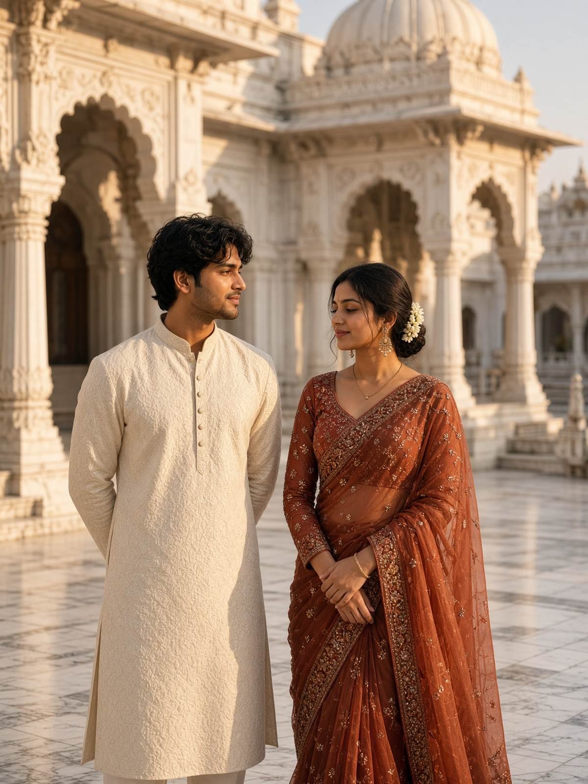 Couple portrait at a marble temple courtyard