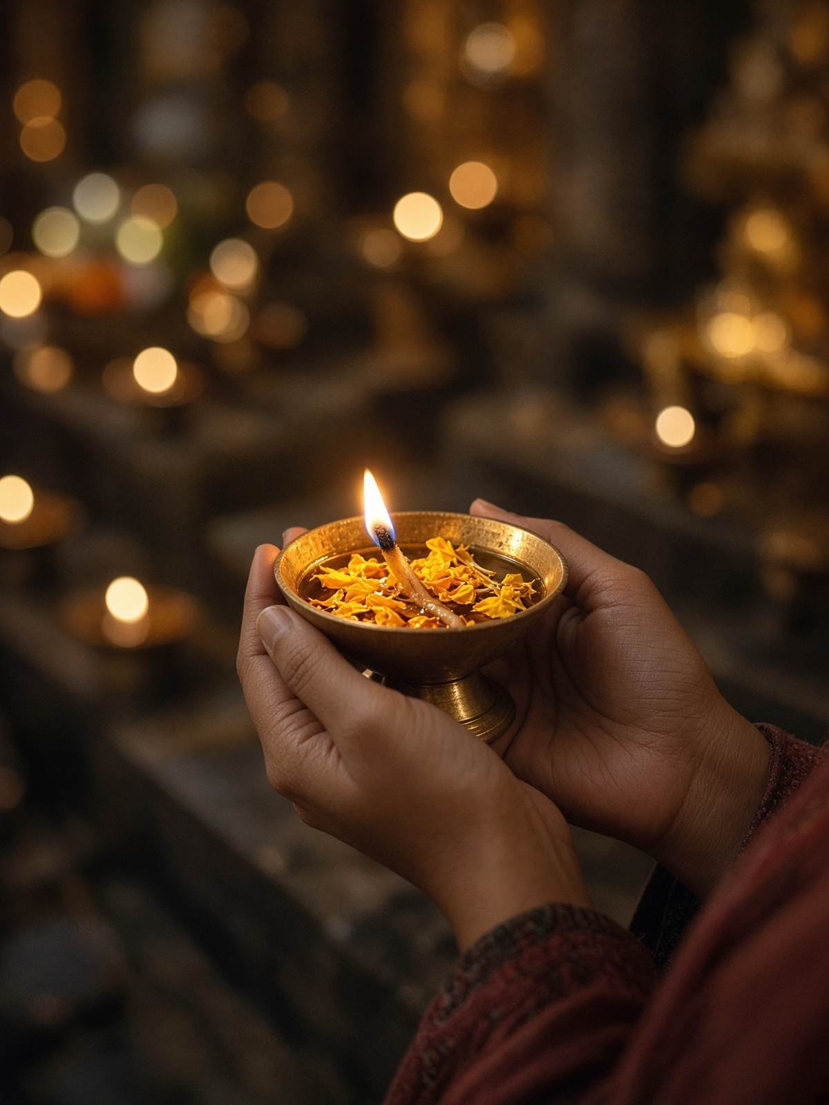 Hands holding a brass diya
