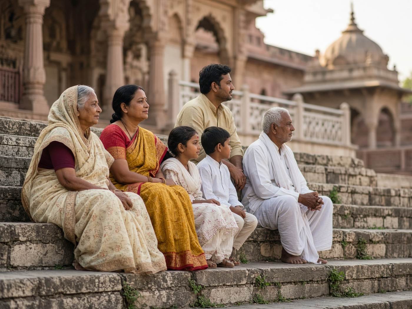 Family on temple steps in Vrindavan