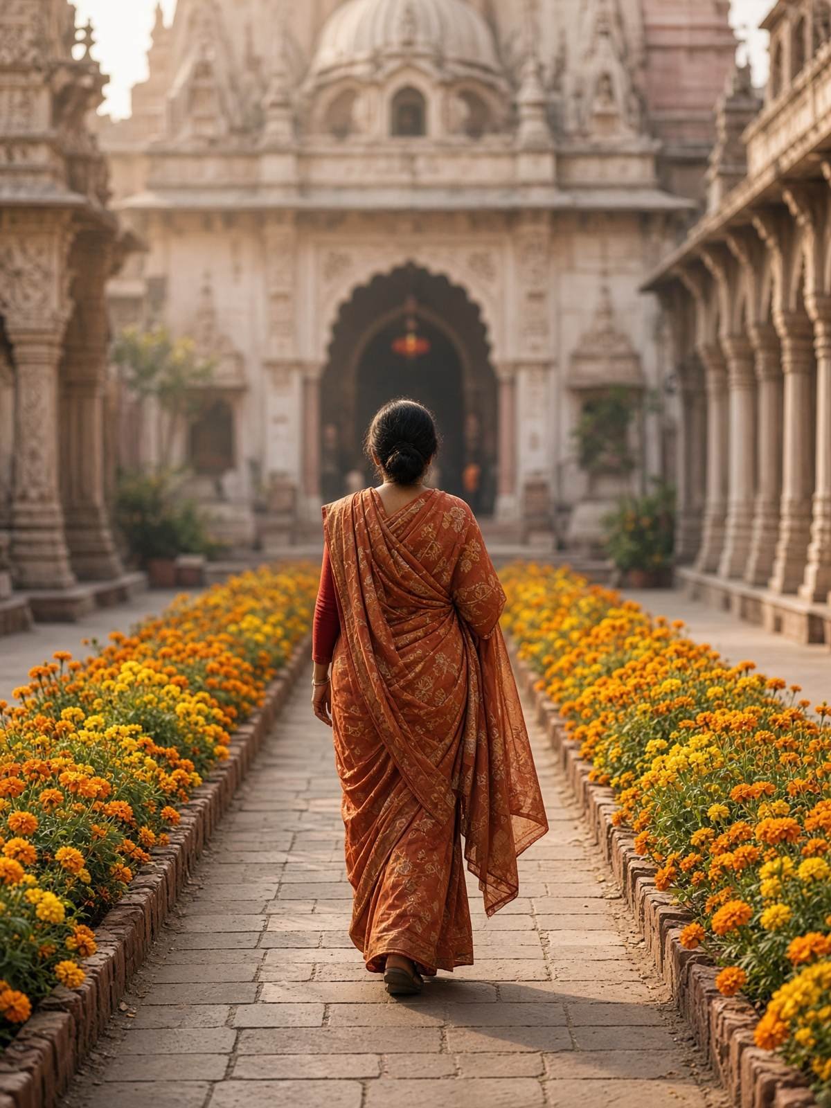 Traveller walking through marigolds