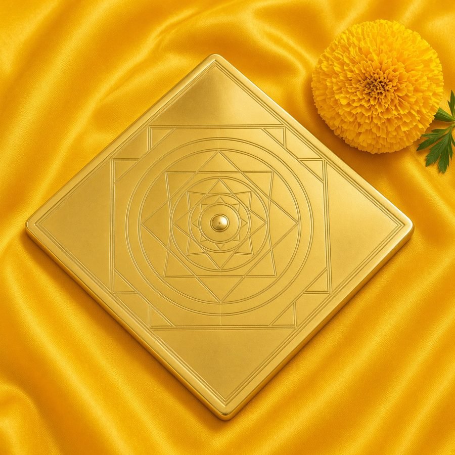 Yellow-gold Baglamukhi Yantra on turmeric silk