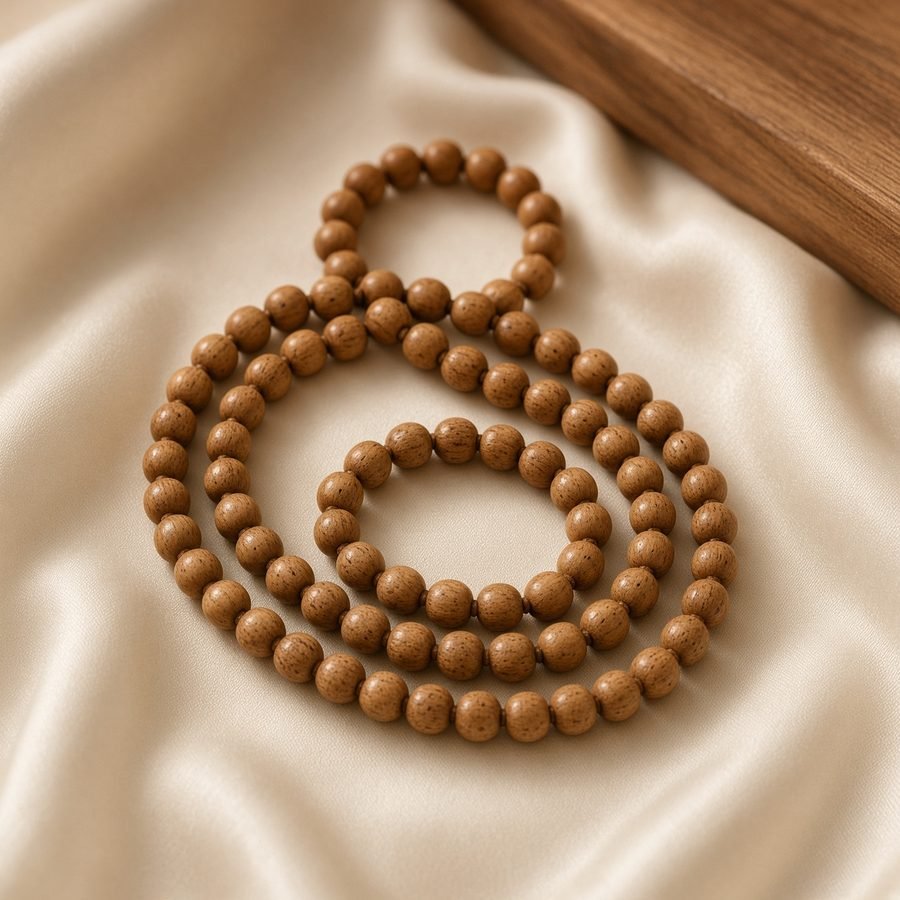 Honey sandalwood mala coiled on cream silk