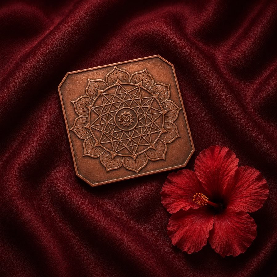 Copper Durga Yantra on maroon silk with a hibiscus