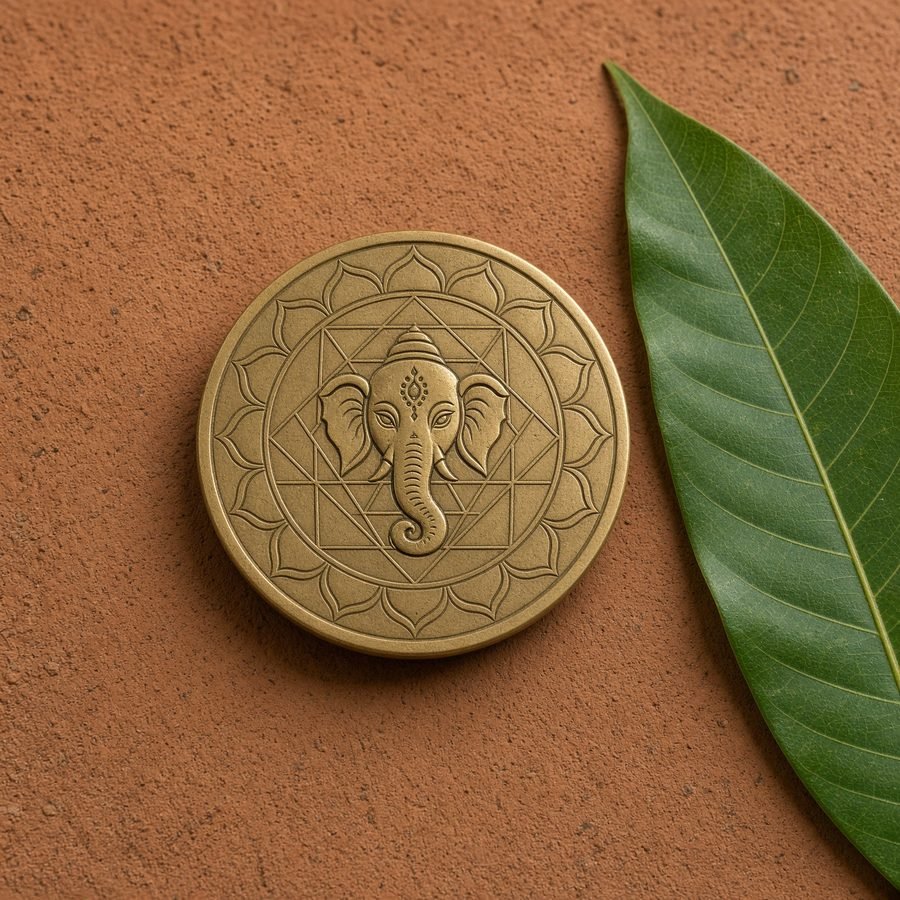 Brass Ganesh Yantra on terracotta with a mango leaf