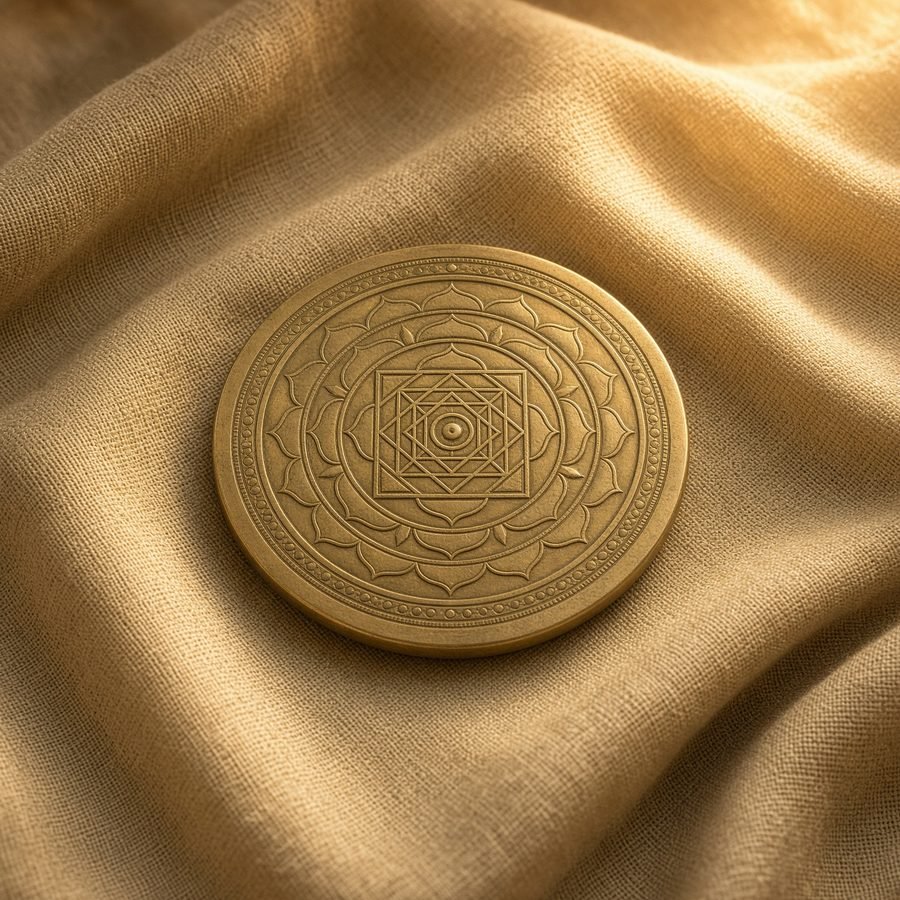 Brass Gayatri Yantra in warm light on handloom cloth