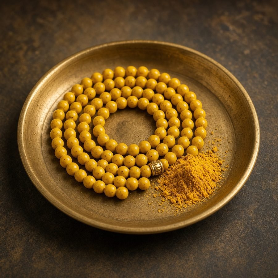 Bright yellow turmeric mala on a brass plate