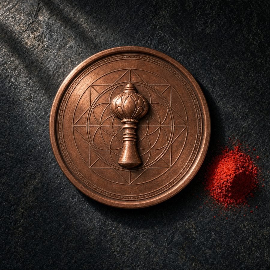 Copper Hanuman Yantra on dark stone with vermillion