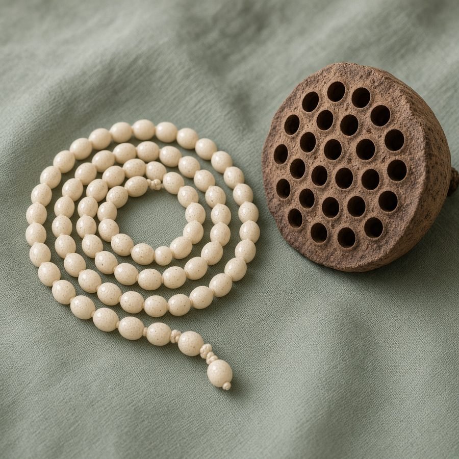 Pale lotus-seed mala beside a dried lotus pod