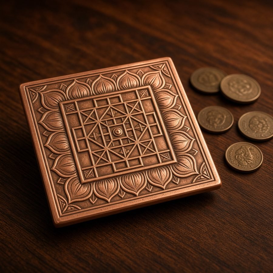 Square copper Kuber Yantra on dark wood beside old coins