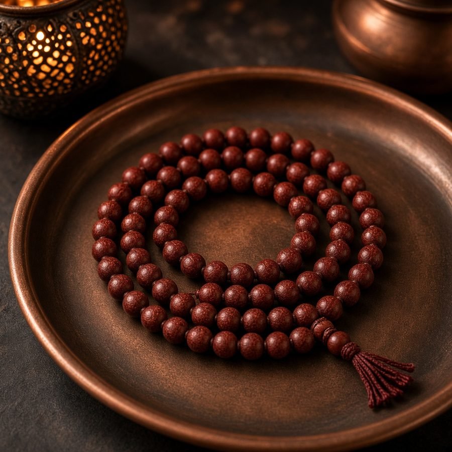 Deep red sandalwood mala on a copper tray