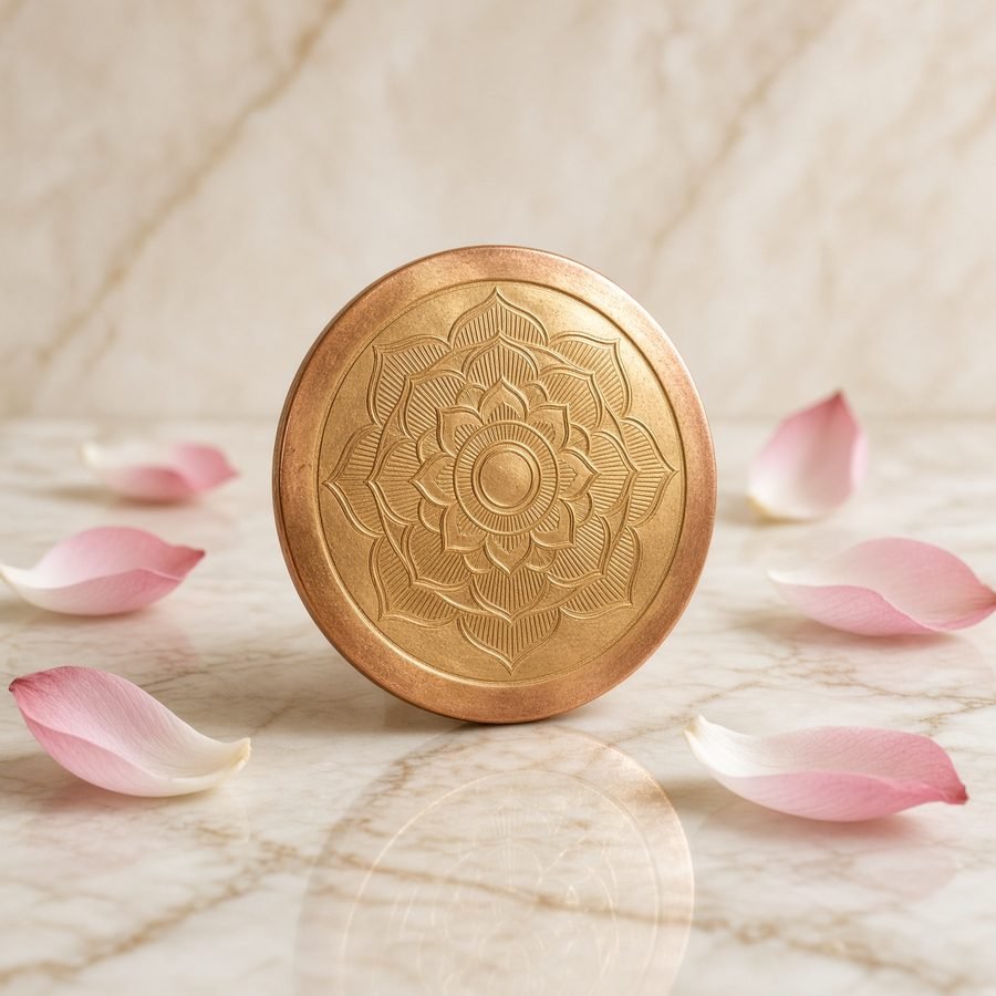 Gold-washed Mahalakshmi Yantra on marble with lotus petals