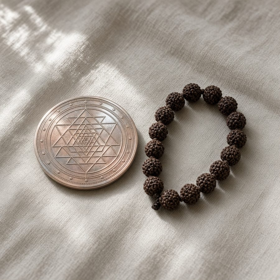 Mahamrityunjaya Yantra beside rudraksha beads on linen