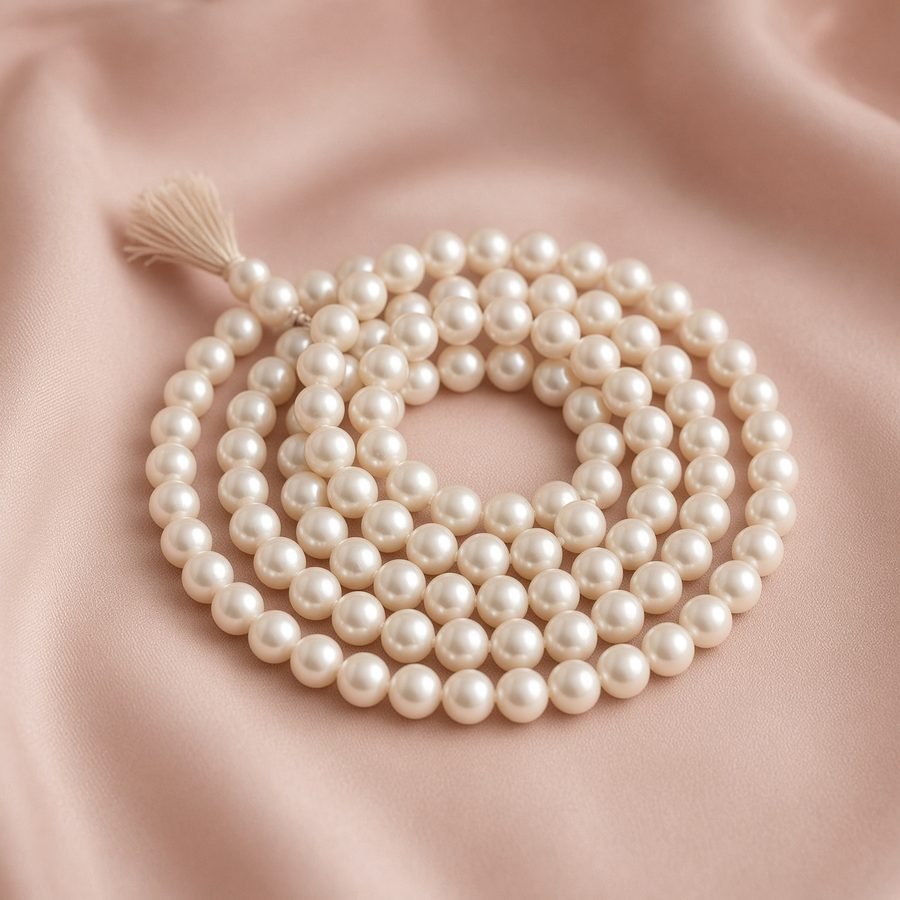 Ivory pearl mala coiled on blush silk