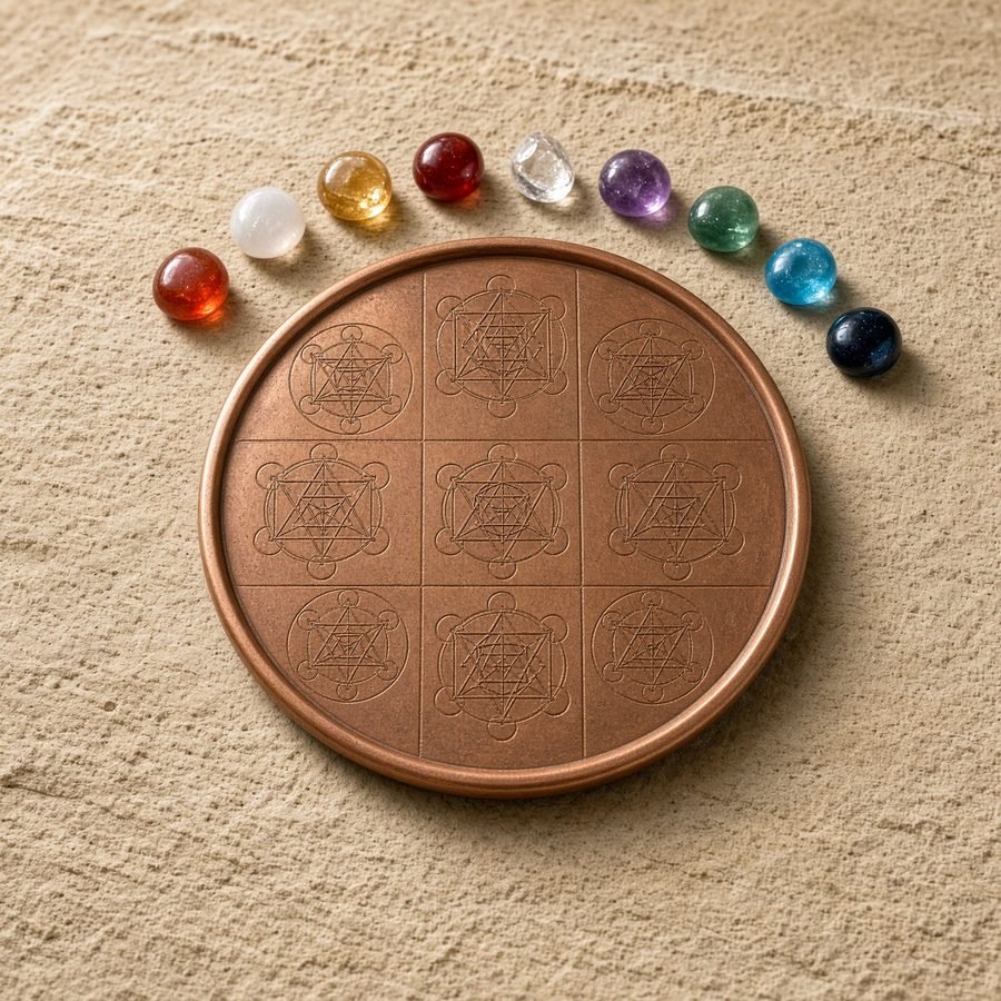 Round copper Navgraha Yantra on sandstone with coloured stones