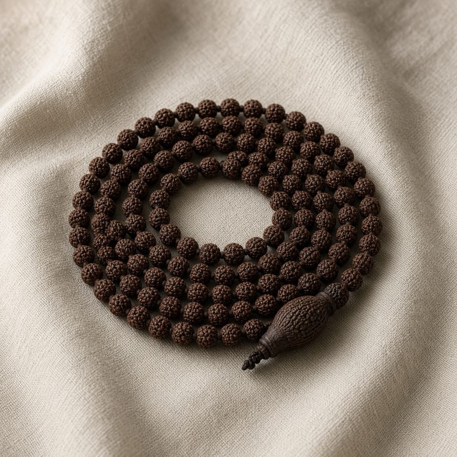 Dark brown rudraksha mala coiled on linen