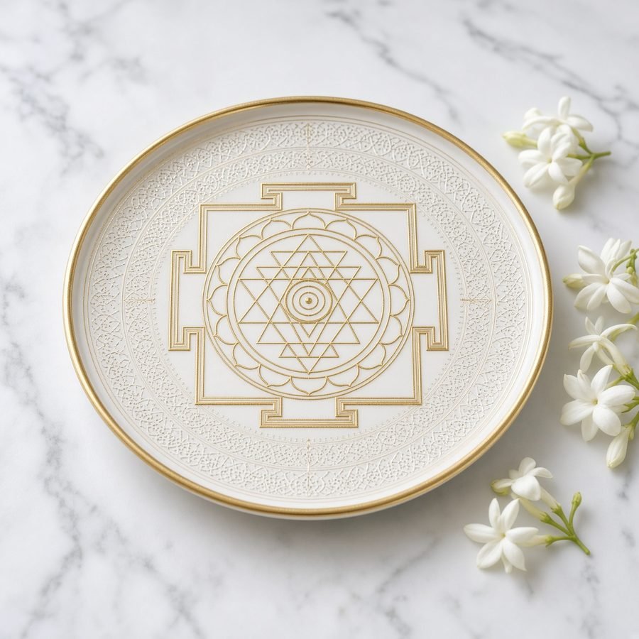Pale gold Saraswati Yantra on marble with jasmine