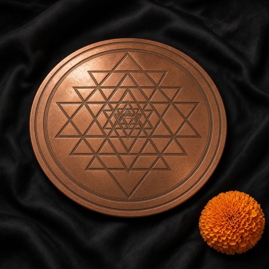 Copper Shri Yantra plate on black silk with a marigold