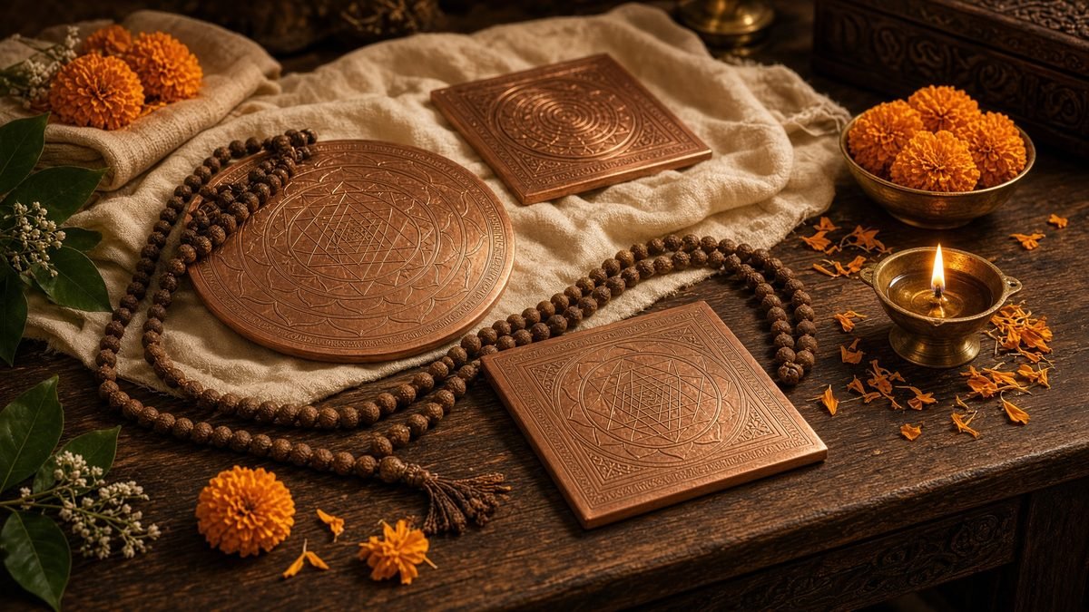 Copper yantras and prayer malas arranged on a wooden table with marigolds