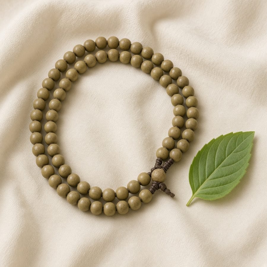 Pale tulsi wood mala with a basil leaf
