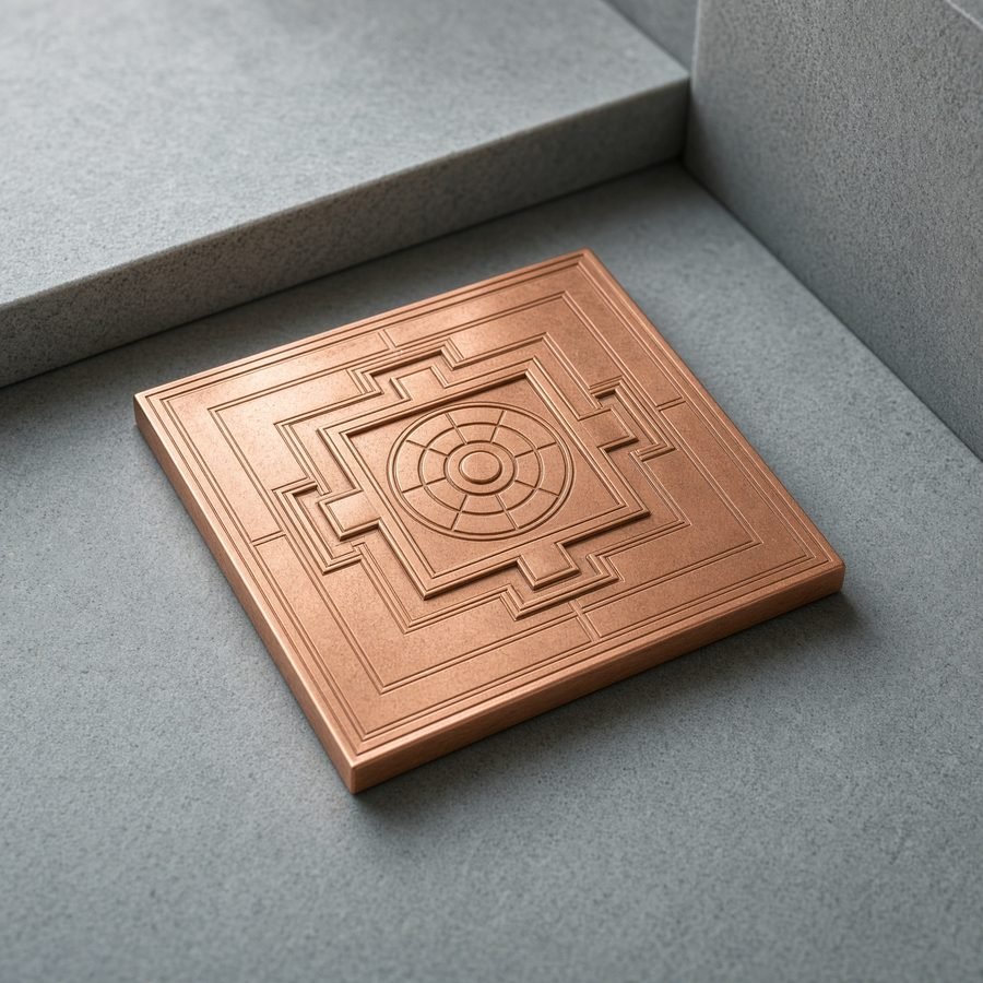Square copper Vastu Yantra on grey stone