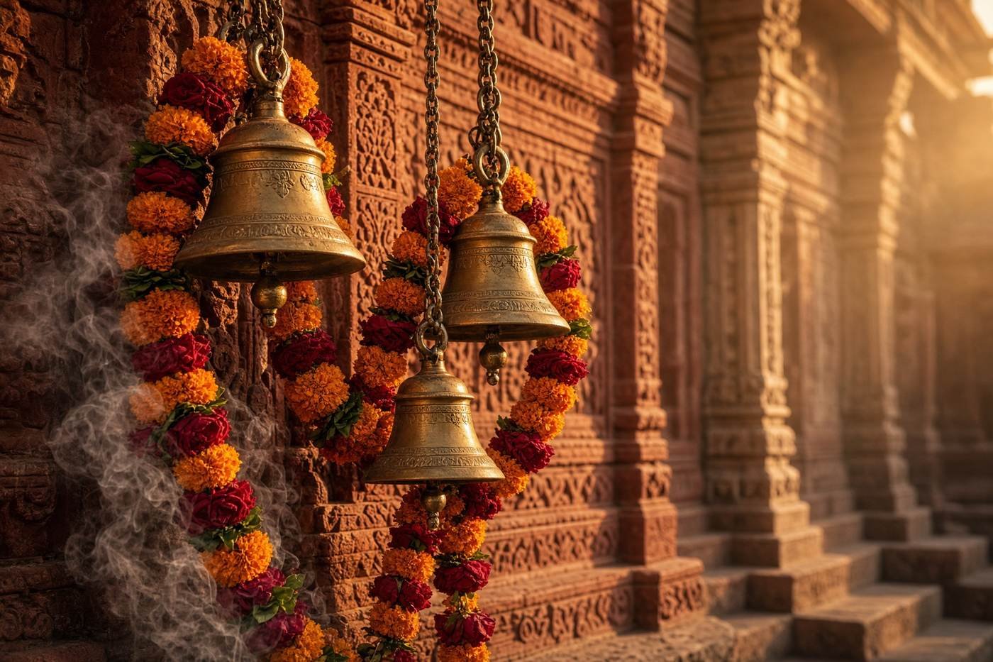 Brass temple bells with marigold garlands