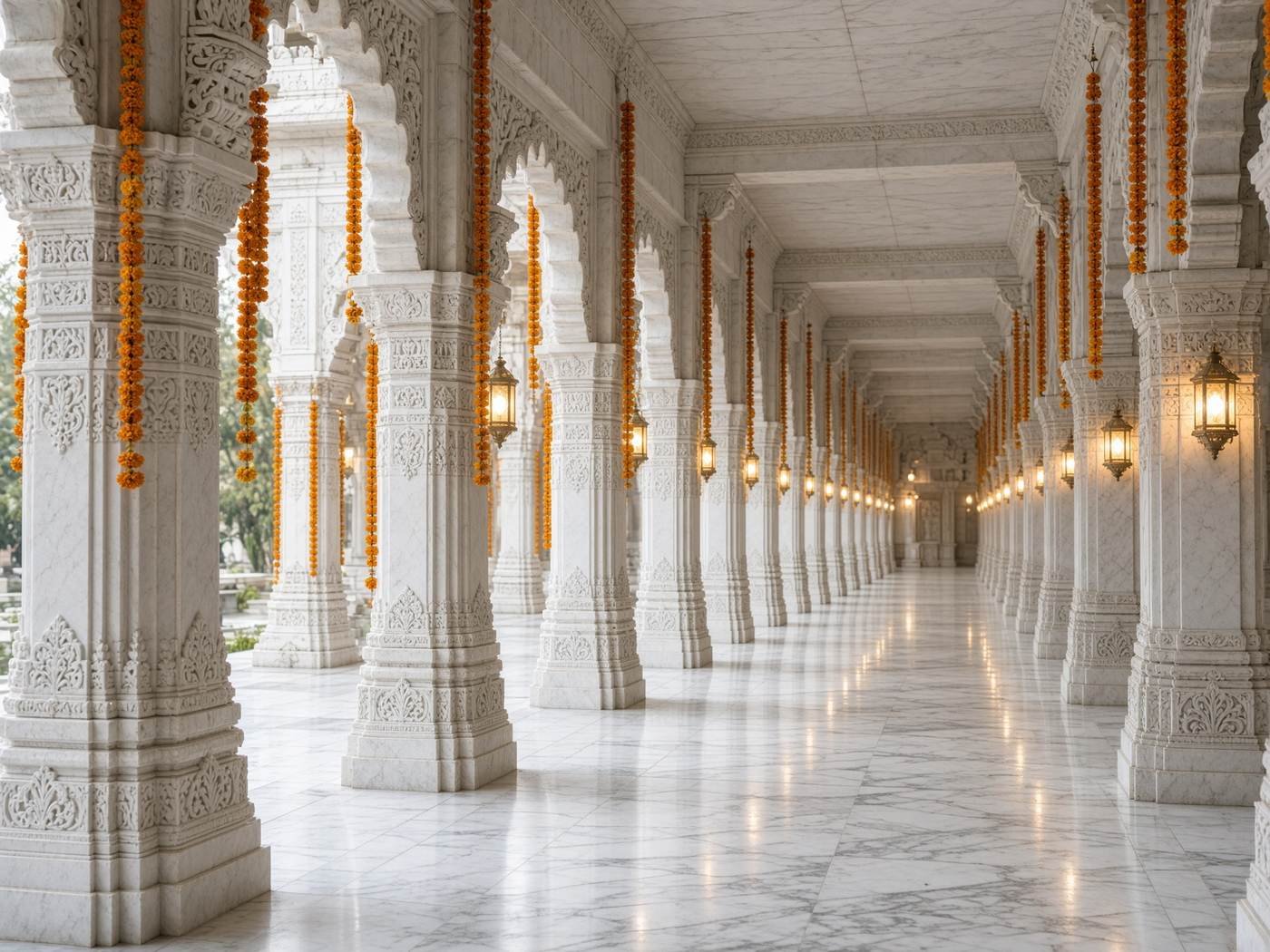 Quiet temple corridor with garlands